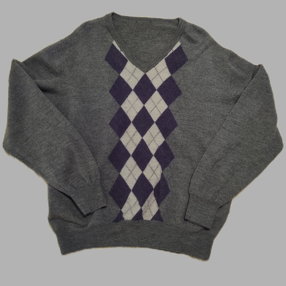 Jos. A. Bank Gray and Purple Argyle V-Neck Sweater